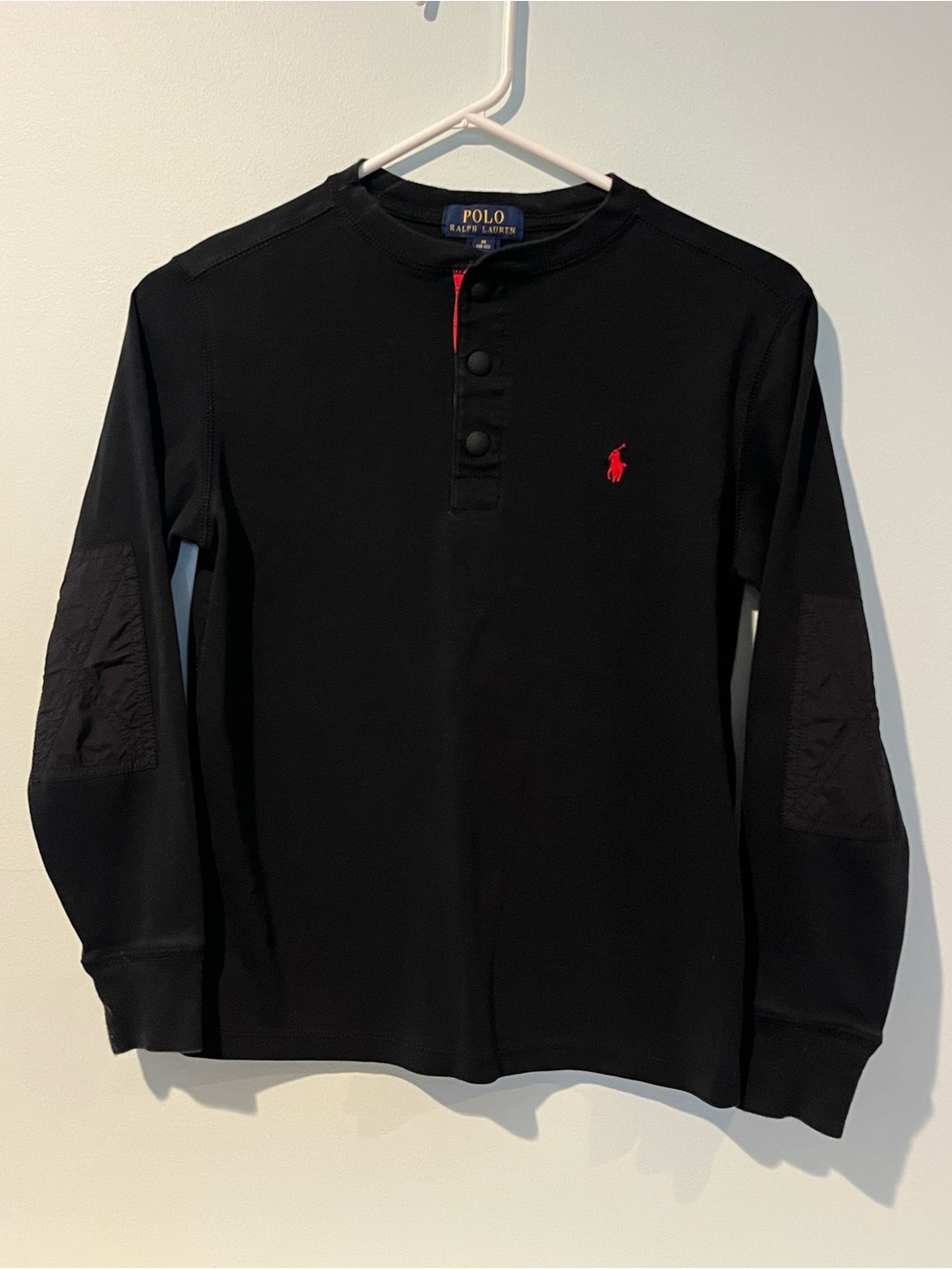 Polo Ralph Lauren Boys Black Henley Red Trim Long Sleeve Elbow Patch Size M10-12